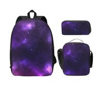FEYUNYAN Lot de 3 sacs à dos d'école pour filles et garçons, motif galaxie magique violet, sac à dos pour ordinateur portable de 15", sac à déjeuner isotherme, trousse à crayons, cartable