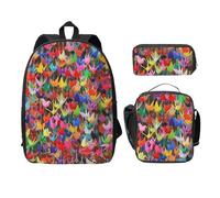 FEYUNYAN Lot de 3 sacs à dos d'école pour filles et garçons, motif grues en papier origami, sac à dos pour ordinateur portable de 38,1 cm, sac à déjeuner isotherme, trousse à crayons, cartable