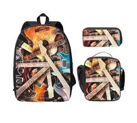 FEYUNYAN Lot de 3 sacs à dos d'école pour filles et garçons, motif guitare électrique magique, sac d'école pour ordinateur portable de 38,1 cm, sac à déjeuner isotherme, trousse à crayons, cartable