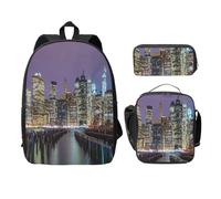 FEYUNYAN Lot de 3 sacs à dos d'école pour filles et garçons, motif imprimé New York, sac à dos pour ordinateur portable de 15", sac à déjeuner isotherme, trousse à crayons, cartable intermédiaire pour