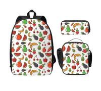 FEYUNYAN Lot de 3 sacs à dos d'école pour filles et garçons, motif légumes et fruits, sac à dos pour ordinateur portable de 15", sac à déjeuner isotherme, trousse à crayons, cartable intermédiaire