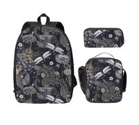 FEYUNYAN Lot de 3 sacs à dos d'école pour filles et garçons, motif libellules grises, sac à dos pour ordinateur portable de 38,1 cm, sac à déjeuner isotherme, trousse à crayons, cartable intermédiaire