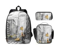 FEYUNYAN Lot de 3 sacs à dos d'école pour filles et garçons, motif Love from New York, sac à dos pour ordinateur portable de 15", sac à déjeuner isotherme, trousse à crayons, cartable pour