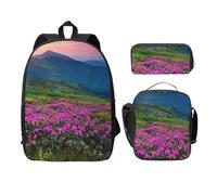 FEYUNYAN Lot de 3 sacs à dos d'école pour filles et garçons, motif montagne, fleurs violettes, sac à dos pour ordinateur portable de 38,1 cm, sac à déjeuner isotherme, trousse à crayons, cartable