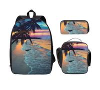 FEYUNYAN Lot de 3 sacs à dos d'école pour filles et garçons, motif noix de coco, plage, coucher de soleil, sac à dos pour ordinateur portable de 15", sac à déjeuner isotherme, trousse à crayons,