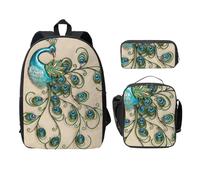 FEYUNYAN Lot de 3 sacs à dos d'école pour filles et garçons, motif paon imprimé, sac à dos pour ordinateur portable de 15", sac à déjeuner isotherme, trousse à crayons, cartable intermédiaire pour