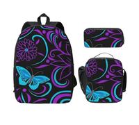 FEYUNYAN Lot de 3 sacs à dos d'école pour filles et garçons, motif papillon violet et fleurs, sac à dos pour ordinateur portable de 15", sac à déjeuner isotherme, trousse à crayons, cartable