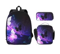 FEYUNYAN Lot de 3 sacs à dos d'école pour filles et garçons, motif papillons blancs et violets, sac à dos pour ordinateur portable de 38,1 cm, sac à déjeuner isotherme, trousse à crayons, cartable