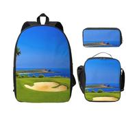 FEYUNYAN Lot de 3 sacs à dos d'école pour filles et garçons, motif parcours de golf, sac à dos pour ordinateur portable de 15", sac à déjeuner isotherme, trousse à crayons, cartable intermédiaire pour