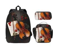 FEYUNYAN Lot de 3 sacs à dos d'école pour filles et garçons, motif partitions de violon, sac d'école pour ordinateur portable de 15", sac à déjeuner isotherme, trousse à crayons, cartable