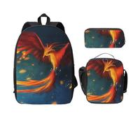 FEYUNYAN Lot de 3 sacs à dos d'école pour filles et garçons, motif phénix orange et rouge, sac à dos pour ordinateur portable de 15", sac à déjeuner isotherme, trousse à crayons, cartable pour