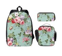 FEYUNYAN Lot de 3 sacs à dos d'école pour filles et garçons, motif pivoine, sac à dos pour ordinateur portable de 15", sac à déjeuner isotherme, trousse à crayons, cartable intermédiaire pour