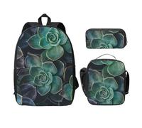 FEYUNYAN Lot de 3 sacs à dos d'école pour filles et garçons, motif plantes succulentes, sac à dos pour ordinateur portable de 15", sac à déjeuner isotherme, trousse à crayons, cartable intermédiaire