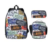 FEYUNYAN Lot de 3 sacs à dos d'école pour filles et garçons, motif plaque d'immatriculation, sac à dos pour ordinateur portable de 38,1 cm, sac à déjeuner isotherme, trousse à crayons, cartable
