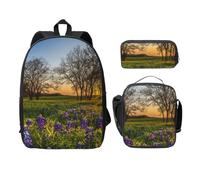 FEYUNYAN Lot de 3 sacs à dos d'école pour filles et garçons, motif prairie lavande, coucher de soleil, sac d'école pour ordinateur portable de 15", sac à déjeuner isotherme, trousse à crayons,