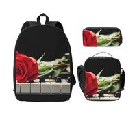 FEYUNYAN Lot de 3 sacs à dos d'école pour filles et garçons, motif rose rouge sur piano, sac à dos pour ordinateur portable de 38,1 cm, sac à déjeuner isotherme, trousse à crayons, cartable