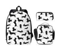 FEYUNYAN Lot de 3 sacs à dos d'école pour filles et garçons, motif teckel noir, sac à dos pour ordinateur portable de 38,1 cm, sac à déjeuner isotherme, trousse à crayons, cartable intermédiaire pour