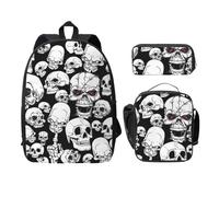 FEYUNYAN Lot de 3 sacs à dos d'école pour filles et garçons, motif tête de mort maléfique, sac à dos pour ordinateur portable de 15", sac à déjeuner isotherme, trousse à crayons, cartable