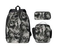 FEYUNYAN Lot de 3 sacs à dos d'école pour filles et garçons, motif tête de mort maléfique, sac à dos pour ordinateur portable de 15", sac à déjeuner isotherme, trousse à crayons, cartable