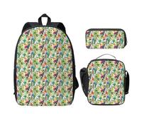 FEYUNYAN Lot de 3 sacs à dos d'école pour filles et garçons, motif toucans, perroquet, feuilles de palmier, sac à dos pour ordinateur portable de 15", sac à déjeuner isotherme, trousse à crayons,