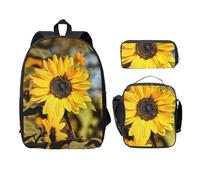 FEYUNYAN Lot de 3 sacs à dos d'école pour filles et garçons, motif tournesol, sac à dos pour ordinateur portable de 15", sac à déjeuner isotherme, trousse à crayons, cartable intermédiaire pour