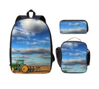 FEYUNYAN Lot de 3 sacs à dos d'école pour filles et garçons, motif tracteur agricole, sac à dos pour ordinateur portable de 15", sac à déjeuner isotherme, trousse à crayons, cartable intermédiaire