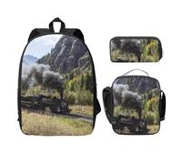 FEYUNYAN Lot de 3 sacs à dos d'école pour filles et garçons, motif train de locomotive à vapeur, sac à dos pour ordinateur portable de 38,1 cm, sac à déjeuner isotherme, trousse à crayons, cartable