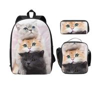 FEYUNYAN Lot de 3 sacs à dos d'école pour filles et garçons, motif trois chats, sac à dos pour ordinateur portable de 15", sac à déjeuner isotherme, trousse à crayons, cartable intermédiaire pour