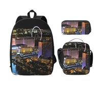FEYUNYAN Lot de 3 sacs à dos d'école pour filles et garçons, motif vue nocturne de Las Vegas, sac à dos pour ordinateur portable de 15", sac à déjeuner isotherme, trousse à crayons, cartable