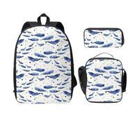 FEYUNYAN Lot de 3 sacs à dos d'école pour filles et garçons, petit sac d'école imprimé baleine bleue, sac à dos pour ordinateur portable de 38,1 cm, sac à déjeuner isotherme, trousse à crayons,