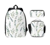 FEYUNYAN Lot de 3 sacs à dos d'école pour filles et garçons, sac d'école blanc avec imprimé brindilles de verdure naturelle de 15", sac à déjeuner isotherme, trousse à crayons, cartable intermédiaire