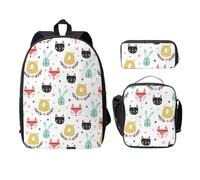 FEYUNYAN Lot de 3 sacs à dos d'école pour filles et garçons, sac d'école coloré simple imprimé animaux mignons, sac à dos pour ordinateur portable de 15", sac à déjeuner isotherme, trousse à crayons,