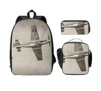 FEYUNYAN Lot de 3 sacs à dos d'école pour filles et garçons, sac d'école imprimé avion de la Seconde Guerre mondiale, sac à dos pour ordinateur portable de 38,1 cm, sac à déjeuner isotherme, trousse à