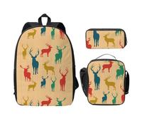 FEYUNYAN Lot de 3 sacs à dos d'école pour filles et garçons, sac d'école imprimé cerf pour ordinateur portable de 38,1 cm, sac à déjeuner isotherme, trousse à crayons, cartable intermédiaire pour