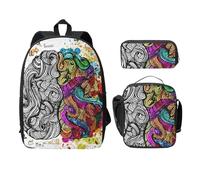 FEYUNYAN Lot de 3 sacs à dos d'école pour filles et garçons, sac d'école imprimé cerveau gauche et droit, sac à dos pour ordinateur portable de 38,1 cm, sac à déjeuner isotherme, trousse à crayons,