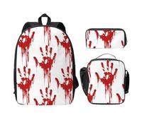 FEYUNYAN Lot de 3 sacs à dos d'école pour filles et garçons, sac d'école imprimé empreintes de mains sanglantes, sac à dos pour ordinateur portable de 38,1 cm, sac à déjeuner isotherme, trousse à