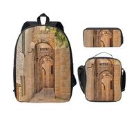 FEYUNYAN Lot de 3 sacs à dos d'école pour filles et garçons, sac d'école imprimé maisons d'architecture, sac à dos pour ordinateur portable de 38,1 cm, sac à déjeuner isotherme, trousse à crayons,