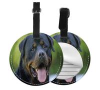FEYUNYAN Lot de 4 étiquettes rondes en cuir synthétique pour valises avec protection de la vie privée, papier peint Rottweiler, étiquettes de nom pour sacs de voyage pour femmes et hommes, accessoires