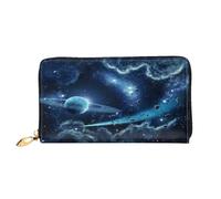 FEYUNYAN Portefeuille long en cuir pour femme, porte-monnaie en cuir avec blocage RFID, plusieurs emplacements pour cartes, fermeture éclair, porte-monnaie en cuir pour femme, Lune Étoiles Planètes