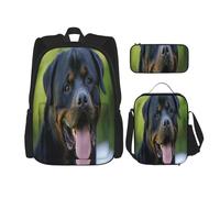 FEYUNYAN Rottweiler Lot de 3 sacs à dos résistants à l'eau, sac à déjeuner isotherme, trousse à crayons de grande capacité, pour voyage, bureau et activités de plein air, 3 en 1, Noir , Taille unique