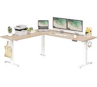 FEZIBO Bureau debout électrique en forme de L à triple moteur, bureau d'angle réglable en hauteur de 75 pouces, plateau de table en noyer clair/cadre blanc