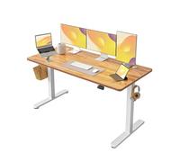 FEZIBO Bureau réglable en Hauteur électriquement, 150 x 60 cm Bureau Debout avec Commande à mémoire et Technologie Anti-Collision, Cadre Blanc/Plateau Marron Clair