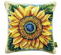 FFDONGTEGO 11CT Coussin Point De Croix Kit Adulte,fleur de tournesol jaune,Broderie Coussin Point De Croix Kit Complet,45x45cm Cadeau De Décoration Intérieure