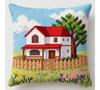 FFDONGTEGO 11CT Coussin Point De Croix Kit Adulte,La cabane sur l'herbe,Broderie Coussin Point De Croix Kit Complet,45x45cm Cadeau De Décoration Intérieure