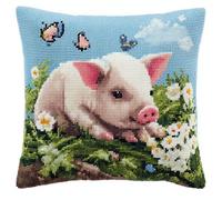 FFDONGTEGO animal DIY Embroidery Cross Stitch Cushion Kit,Cochon rose et papillon parmi les fleurs,Stamped Cross-Stitch Pillow Case Kit for Creative Home Décor - Gift for Adult Beginners,18x18in