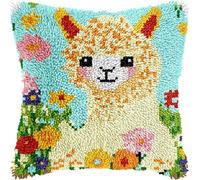 FFDONGTEGO Animaux de dessins animés DIY Latch Hook Kits,Alpaga dans les fleurs,Kits de Crochet de Loquet,Coussin au Point Noué,Latch Hook Canevas Coussin,43x43cm