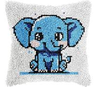 FFDONGTEGO Animaux de dessins animés Kits De Coussin De Crochet De Loquet,Éléphant bleu,Kit De Crochet À Loquet Coussin Avec Motif Imprimé,Décoration D'Intérieur,17x17In
