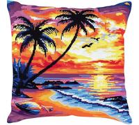 FFDONGTEGO Coucher de soleil tropical DIY Embroidery Pillow Case,cocotiers au bord de la mer,11CT Cross Stitch Cushion Cover Kit 45x45cm,Christmas Decorative Gift for Adults Beginners