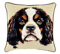 FFDONGTEGO Coussin Point De Croix Kit Adulte,Chien animal, Charles Spaniel,11CT Coussin Point de Croix Taie d'oreiller,45x45cm Art Creatif Cadeau,Décoratif Brodé