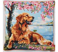 FFDONGTEGO Coussin Point De Croix Kit Adulte,Chien animal, golden retriever sous le cerisier,11CT Coussin Point de Croix Taie d'oreiller,45x45cm Art Creatif Cadeau,Décoratif Brodé